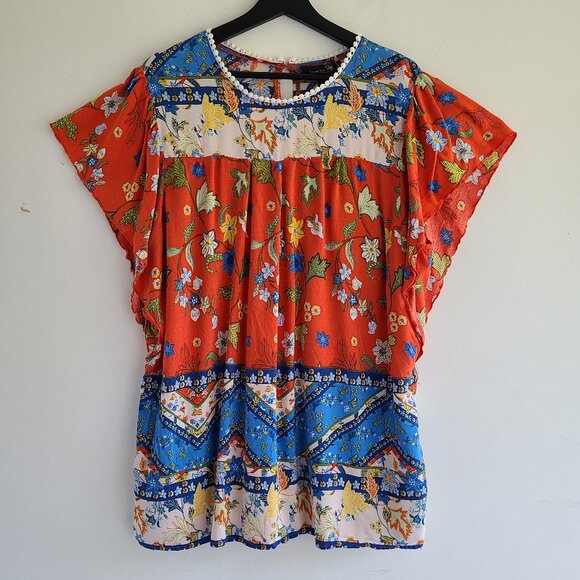 Flutter Sleeve Peasant Tunic Top 3X Floral Boho Lightweight Red Blue - Picture 1 of 10